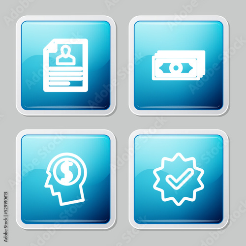 Set line Resume, Stacks paper money cash, Business man planning mind and Approved and check mark icon. Vector