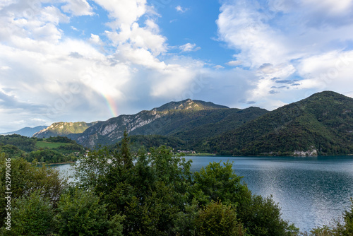View of Lake Ledro with the mountains in the background.