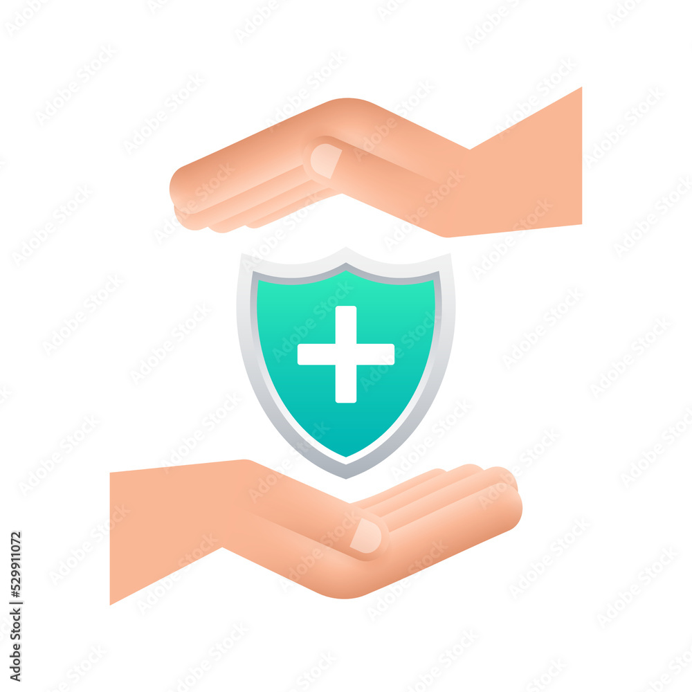 Obraz premium Health insurance. Hands holding insurance sign. Medical protection, medical insurance concepts. Flat design. Vector stock illustration.