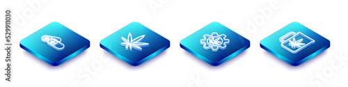 Set Isometric line Medical pills with marijuana, Marijuana or cannabis leaf, Test tube and Cup tea icon. Vector