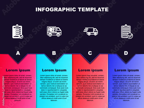 Set line Verification of delivery list, Free service, Delivery truck in movement and . Business infographic template. Vector