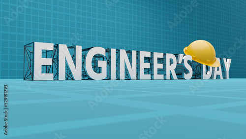 3d metal engineer's day text attached on wire-frame structure, yellow hard hat hanging on it. blueprint grid background.