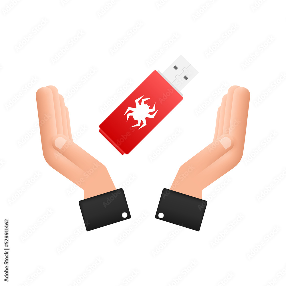 Computer virus on usb flash card in hands. Virus protection. Vector stock illustration. Computer virus on usb flash card in hands. Virus protection. Vector stock illustration.