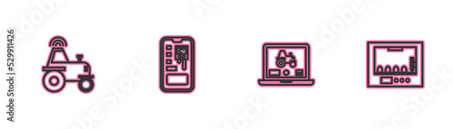 Set line Wireless tractor on smart farm, Laptop application for, Smart control farming system and Incubator eggs icon. Vector