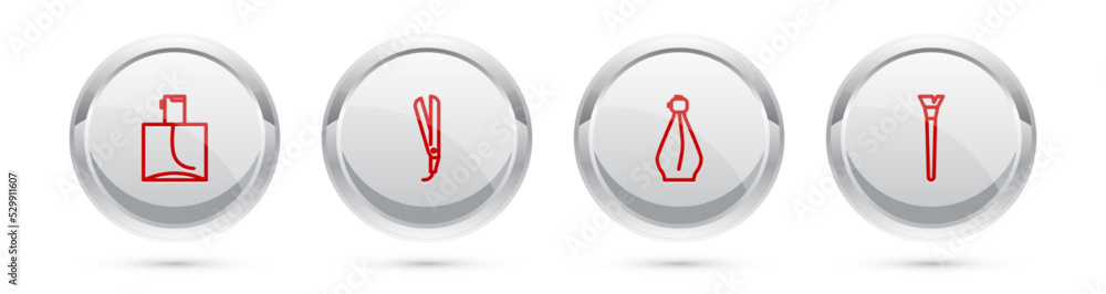 Set line Perfume, Curling iron, and Makeup brush. Silver circle button. Vector Set line Perfume, Curling iron, and Makeup brush. Silver circle button. Vector