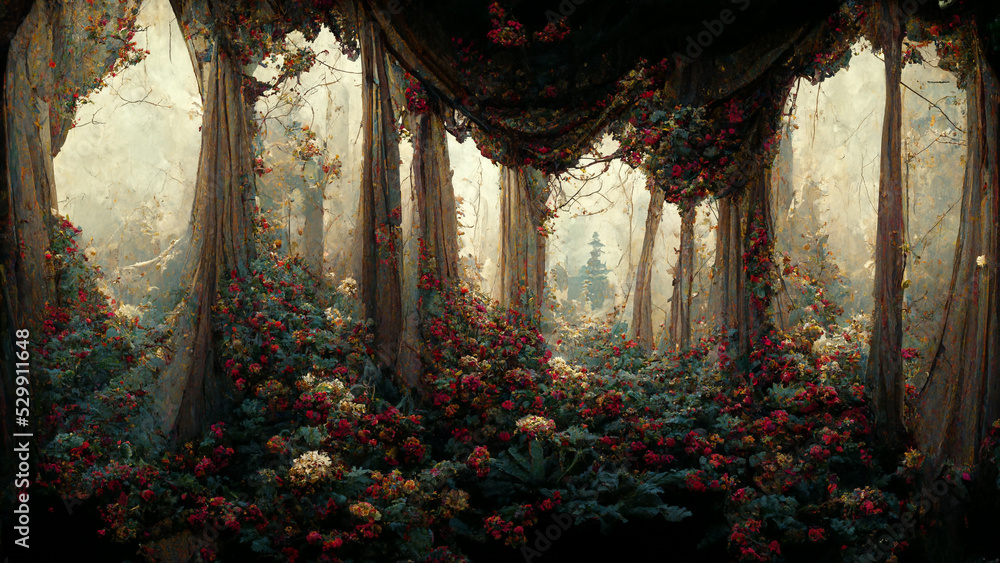 Spectacular fantasy scene with a portal curtain covered in flowers creepers. In the fantasy world,wonder ancient magical stone gate show another dimension. Digital art 3D illustration. - obrazy, fototapety, plakaty 