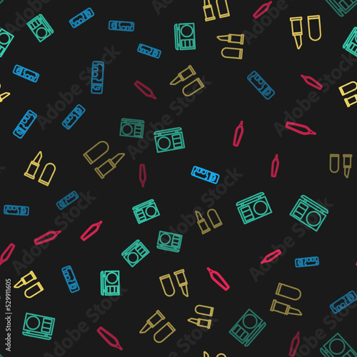 Set line Shaving gel foam, Eye shadow palette, Lipstick and Eyebrow tweezers on seamless pattern. Vector