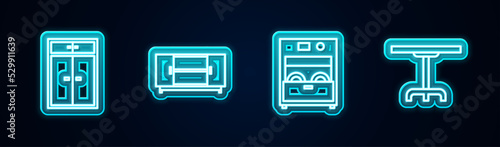 Set line Wardrobe, TV table stand, Kitchen dishwasher machine and Round. Glowing neon icon. Vector