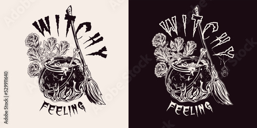 Monochrome label with witch cauldron with bubbling liquid, fire, bone, broom, roses, spider, text Witchy Feeling. Magic potion, symbol of witchcraft. Vintage style.
