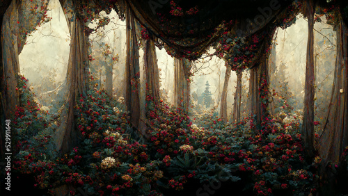 Fotografia, Obraz Spectacular fantasy scene with a portal curtain covered in flowers creepers