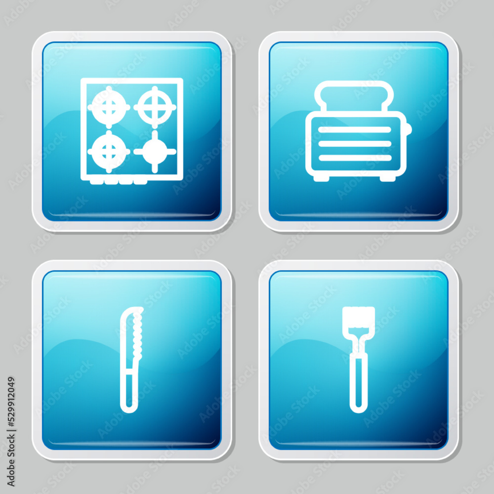 Set line Gas stove, Toaster with toasts, Bread knife and Fork icon. Vector