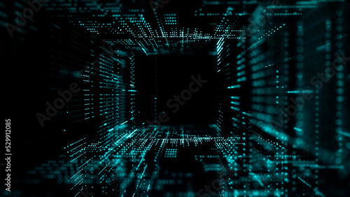 Big Data technology background. Microchip and computer parts. City of the future. 3d rendering