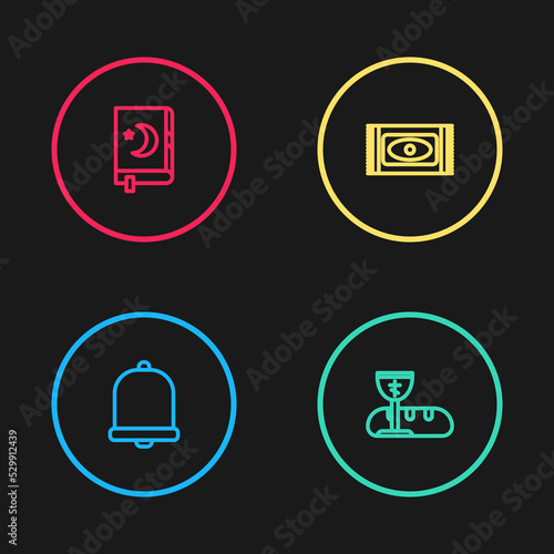 Set line Church bell, First communion symbols, Traditional carpet and Holy book of Koran icon. Vector