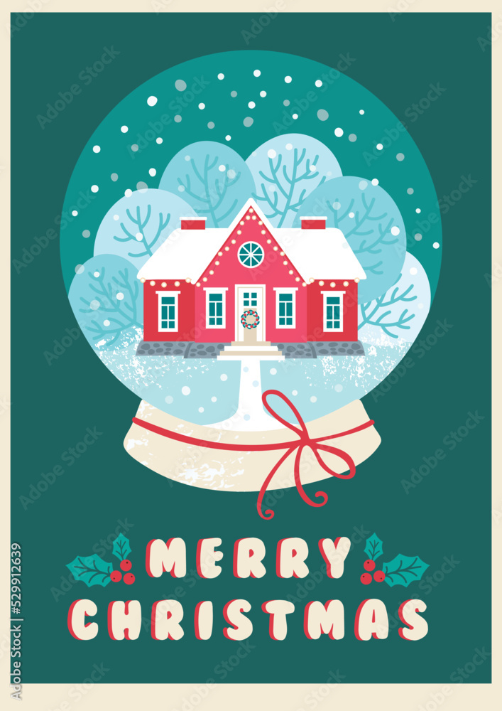 Merry Christmas postcard template with house in snow globe