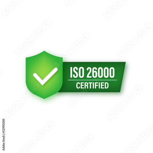 ISO 260000Certified badge neon icon. Certification stamp. Vector stock illustration.