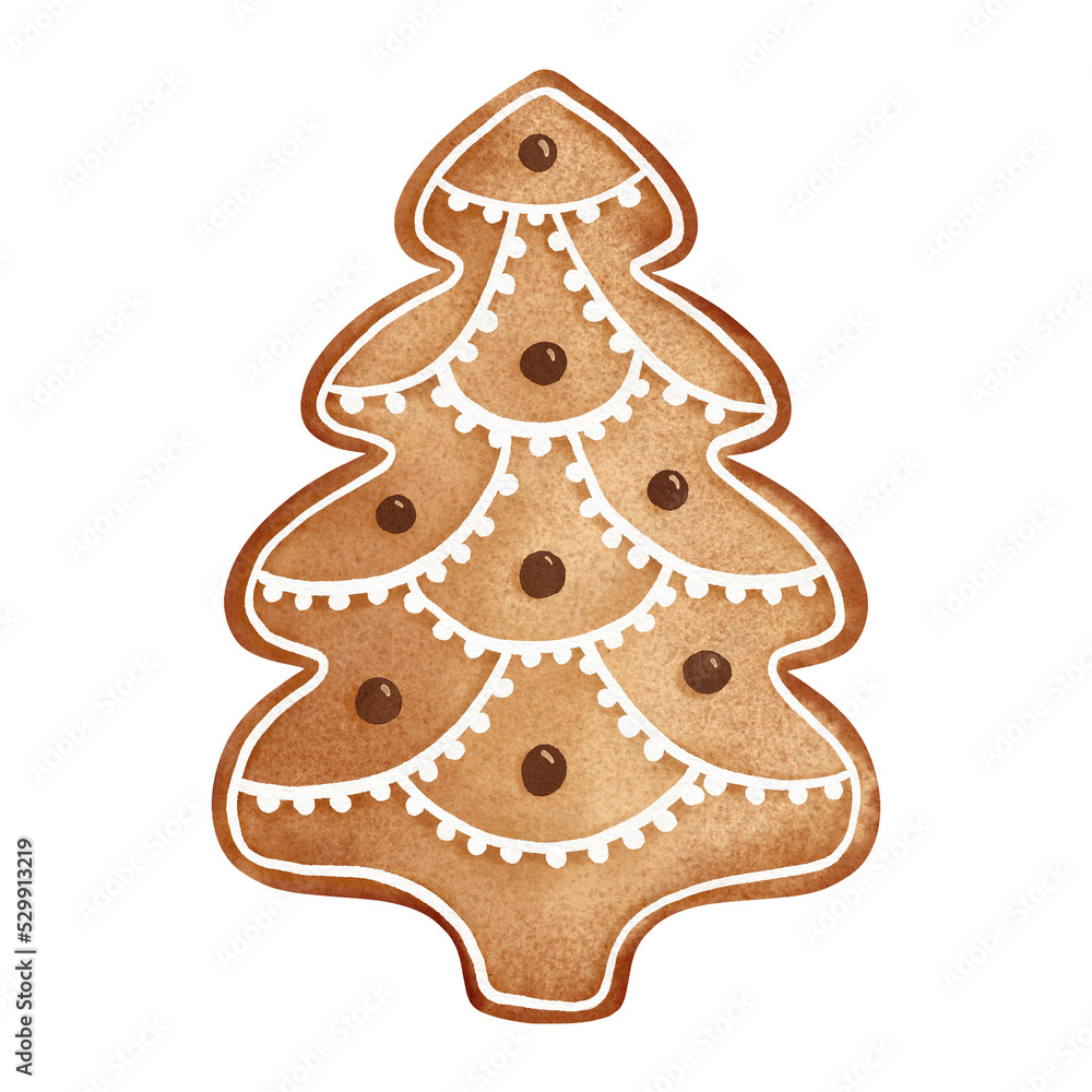 Gingerbread Christmas tree. Watercolor illustration. New Year holiday decor. Winter traditional cookie with ornament. Isolated on white background.