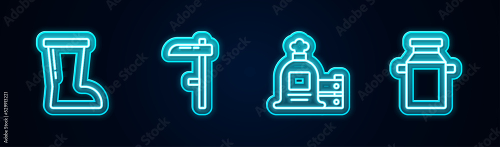 Set line Waterproof rubber boot, Scythe, Full sack and wooden box and Can container for milk. Glowing neon icon. Vector Set line Waterproof rubber boot, Scythe, Full sack and wooden box and Can container for milk. Glowing neon icon. Vector