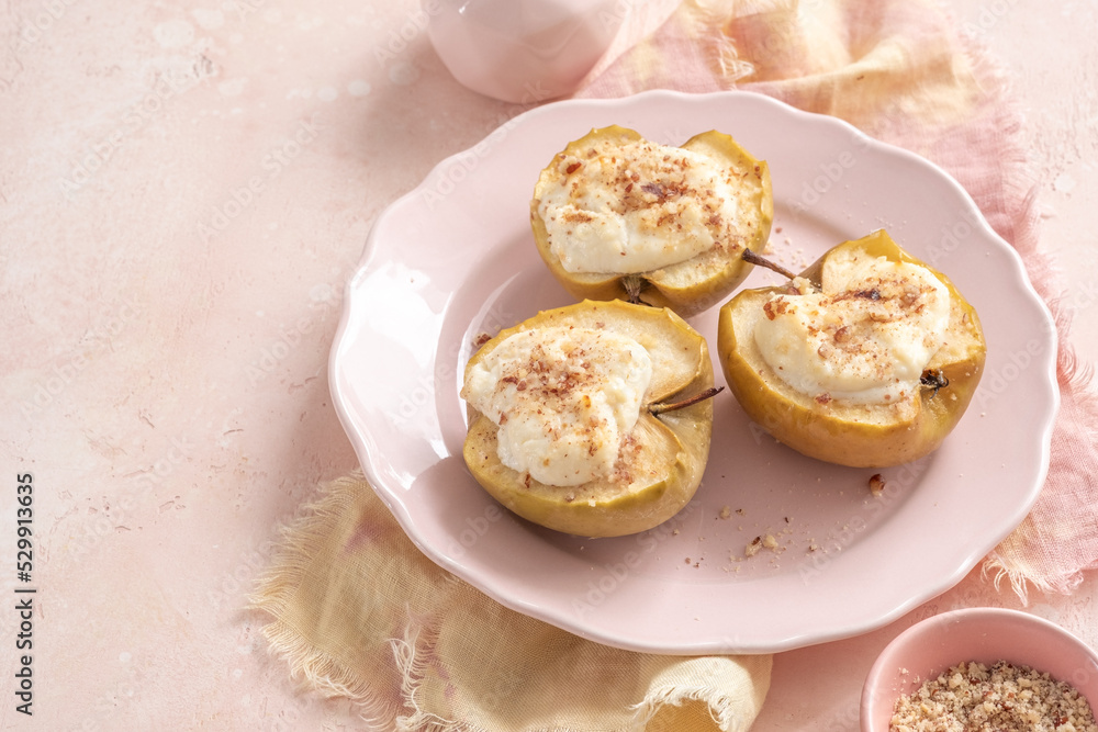 Delicious grilled pears baked with ricotta cheese and walnuts. honey topping. Healthy sweet dessert Delicious grilled pears baked with ricotta cheese and walnuts. honey topping. Healthy sweet dessert