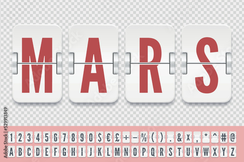 Narrow airport terminal white mechanical scoreboard font for flight destination or arrival info. Vector illustration. Retro airline flip board alphabet to display departure to Mars red planet