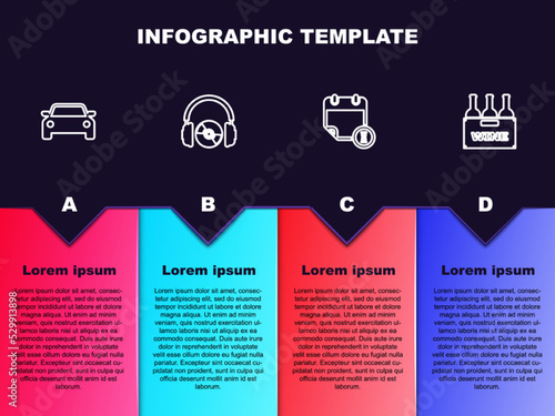 Set line Car, Headphones and CD or DVD, Calendar clock and Bottles of wine in box. Business infographic template. Vector