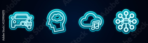 Set line Car sharing, Head silhouette with cloud, Music streaming service and . Glowing neon icon. Vector