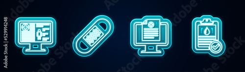 Set line Clinical record on monitor, Bandage plaster, and Clipboard with blood test. Glowing neon icon. Vector