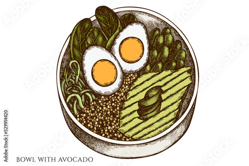 Breakfast hand drawn vector illustrations collection. Colored bowl with avocado.