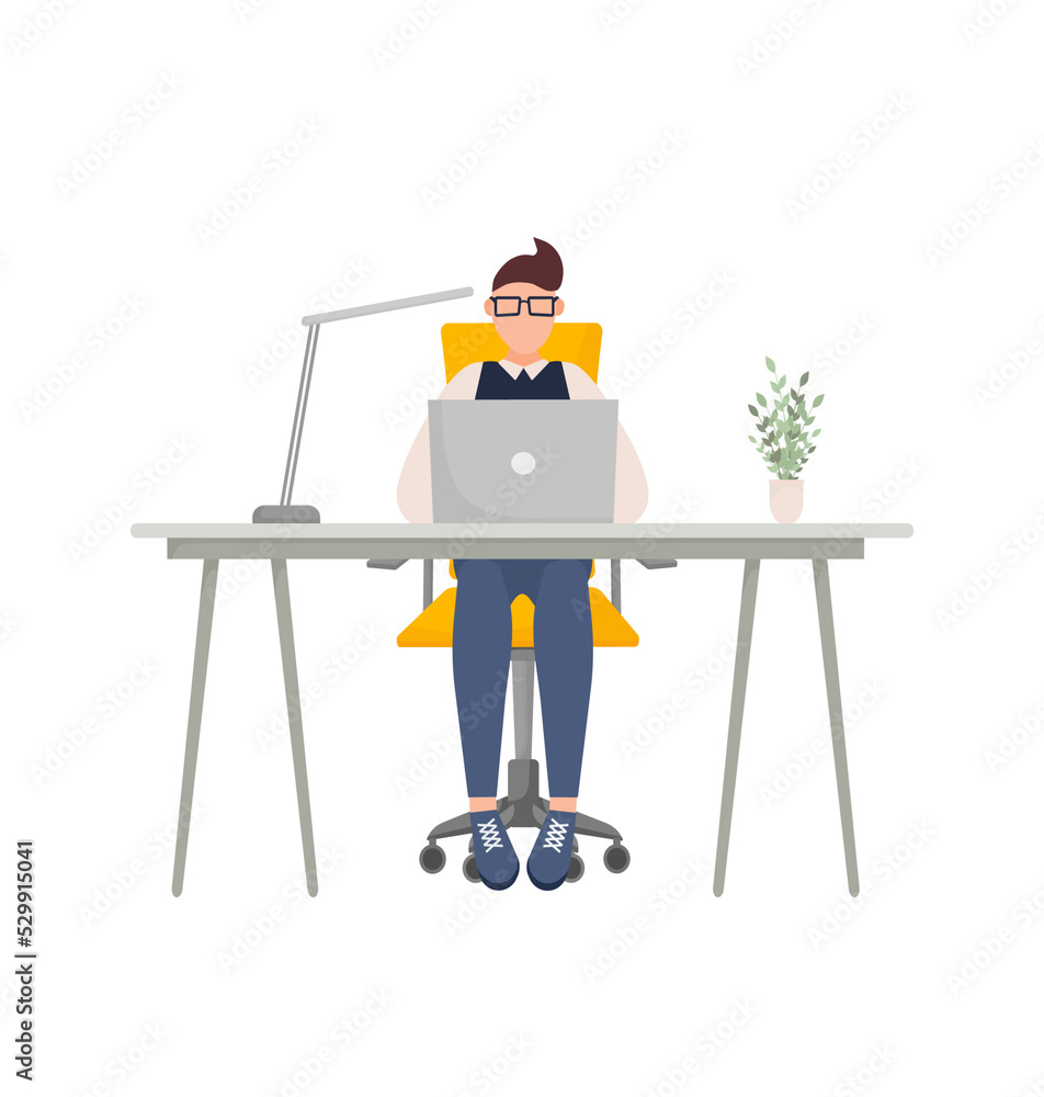 Remote work. Business people office work. Vector illustration, flat design. Cartoon man sitting on the table with laptop isolated on white background. Remote work. Business people office work. Vector illustration, flat design. Cartoon man sitting on the table with laptop isolated on white background.