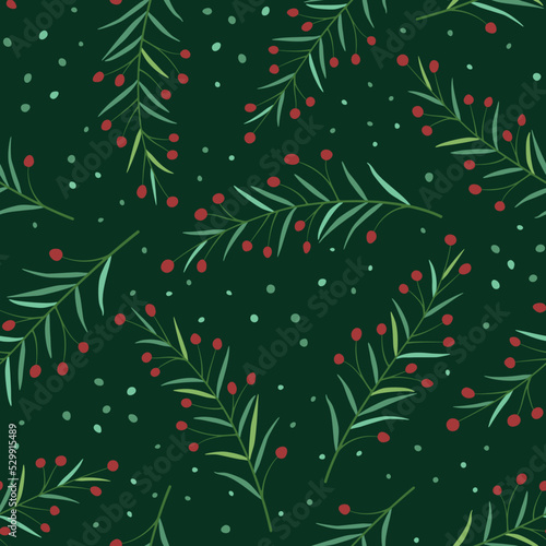 Winter twigs with berries. Doodle floral seamless pattern for Christmas. Vector background for fabric, cards, wrapping or wallpaper.