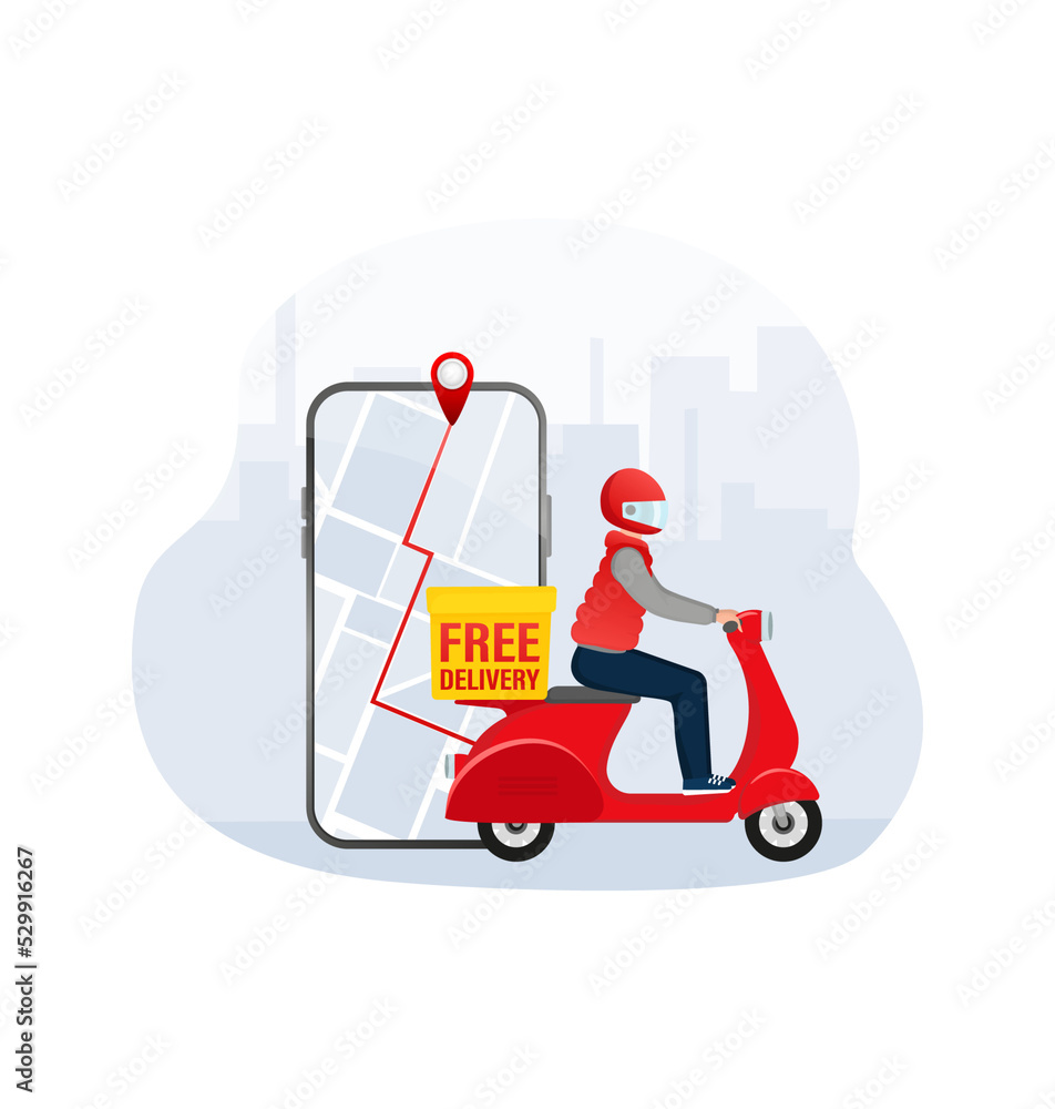Fast delivery in flat style. Food delivery service. The courier rides a motorbike with the goods. Fast delivery in flat style. Food delivery service. The courier rides a motorbike with the goods.
