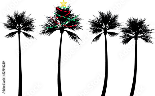 A palm tree is decorated for Christmas on a beach in a tropical climate. Strings of lights glow in the night on a transparent background that is seen in a 3-d illustration...