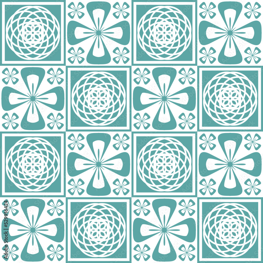 Pastel mint Azulejo design for ceramic tiles and wall design, traditional spanish background white blue
