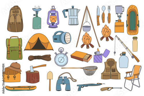 Camping colorful icon collection. Camping concept doodle illustrations collection. Doodle camp illustrations set. Camp equipments colorful doodle illustration set