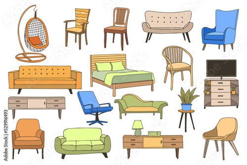 Home furniture colorful icons collection in vector. Home furniture colorful illustration collection in vector. Set of doodle home furniture icons in vector