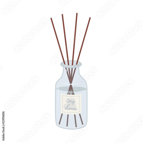 Aroma diffuser bottle with sticks isolated on white background. Aromatherapy hand draw vector illustration. Cozy home.