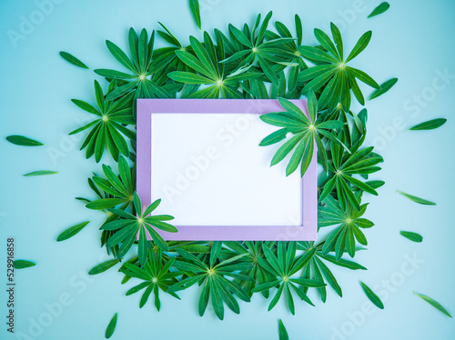 Abstract composition with green leaves and empty pink photo frame. Creative layout of nature. copy space