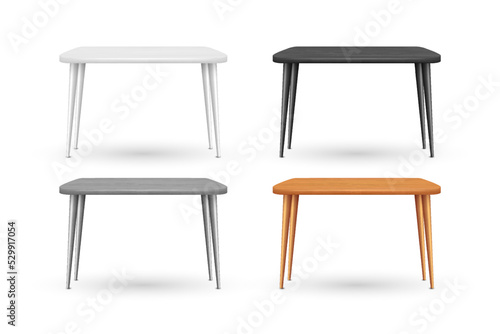 Vector 3d Realistic Rectangular Wooden White, Black, Gray and Brown Dining Table Set Isolated. Modern Designer, Dining Table, Furniture Design Template. Home Interior