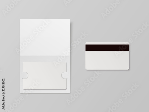 Vector 3d Realistic White Guest Room, Plastic Hotel Apartment Keycard, ID Card, Sale, Credit Card with Magnetic Strip. Design Template with Paper Cover Case, Wallet for Mockup, Branding. Top View
