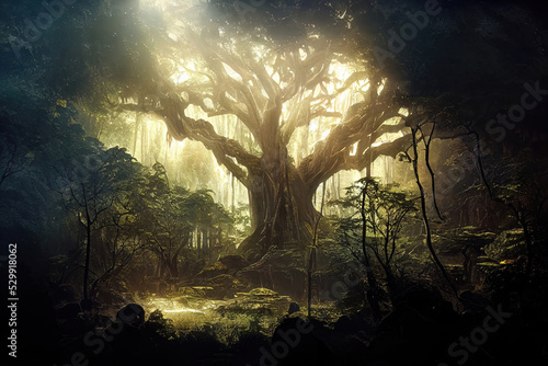 Dark dense forest the sun's rays pass through the trees, shadows. Big old tree in the center. Beautiful forest fantasy landscape. unreal world. Mysterious forest. 3D illustration. © MiaStendal