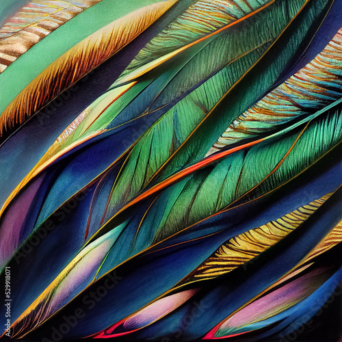 Illustration with feather pattern in blue, green and copper colours and texture. Created with generative ai technology