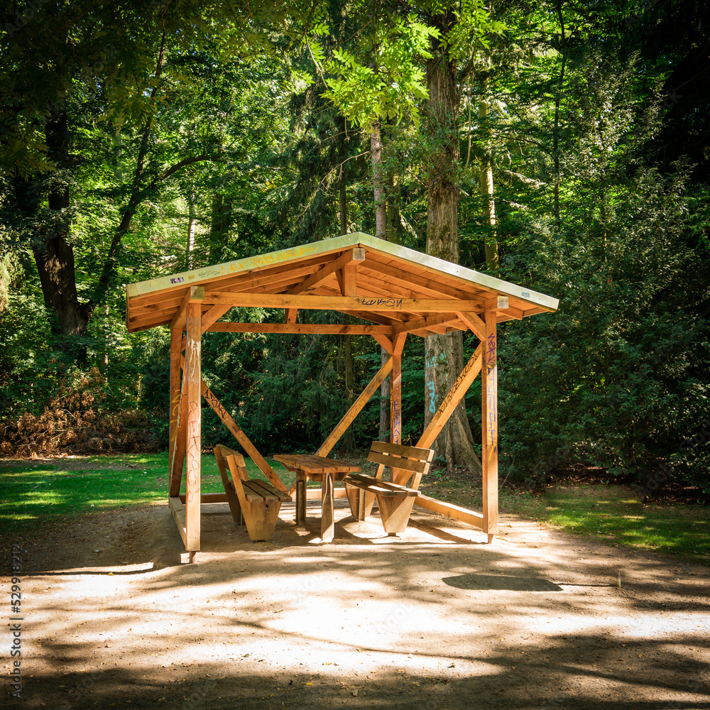 Gazebo On Grassy Landscape. Empty Bench In Park. Gazebo On Grassy Landscape. Empty Bench In Park.