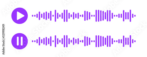 Sound voice message icons. Audio chat pictograms with playing and paused speech waves isolated on white background. Messenger, radio, podcast mobile app interface. Vector flat illustration