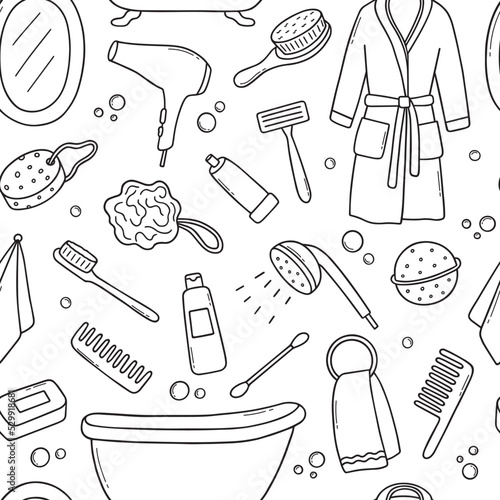 Hand drawn seamless pattern of Bathroom doodle. Towel, bathrobe, shower, bathtub, mirror in sketch style. Vector illustration isolated on white background.