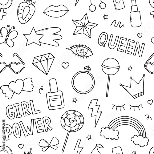 Hand drawn seamless pattern of Girl power doodle. Feminist elements and girls party in sketch style. Vector illustration