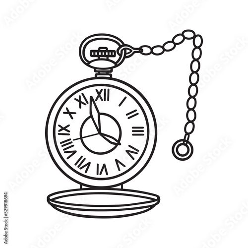 Hand drawn antique pocket watch with chain doodle. Old clock in sketch style. Vector illustration isolated on white background.