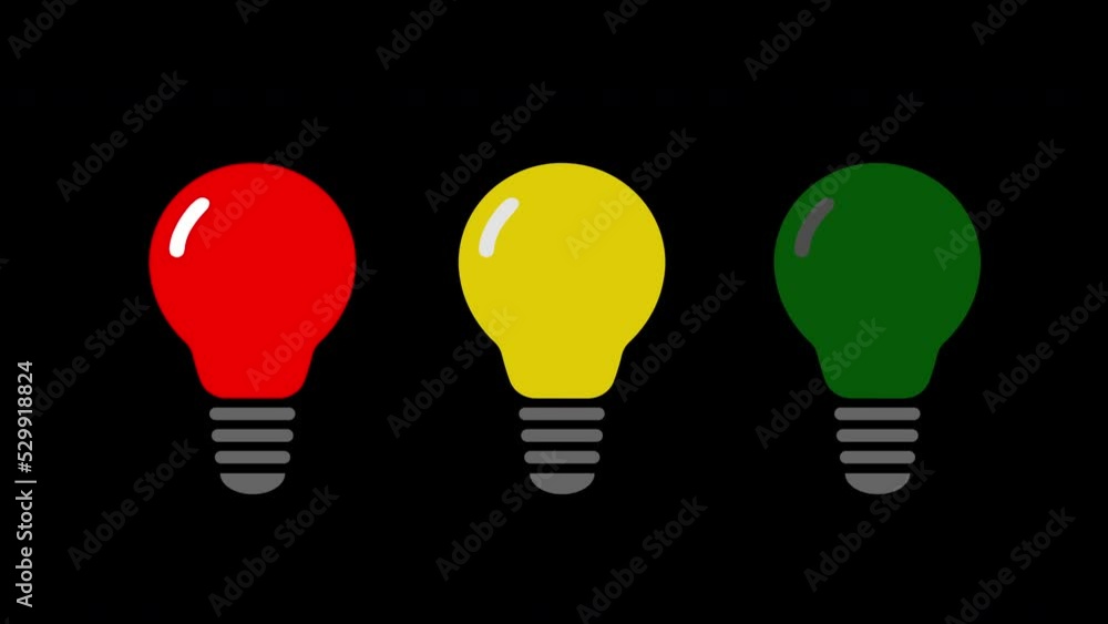 Green Yellow and Red light bulbs flat animated icons. Colorful Light bulbs icons isolated on black background. Stop, ready, go educational sign. isolated design elements Electric concept animation Green Yellow and Red light bulbs flat animated icons. Colorful Light bulbs icons isolated on black background. Stop, ready, go educational sign. isolated design elements Electric concept animation