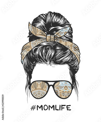 Woman messy bun hairstyle with retro flowers pattern headband and glasses illustration