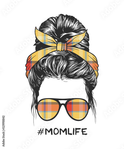 Woman messy bun hairstyle with square pattern headband and glasses vector illustration