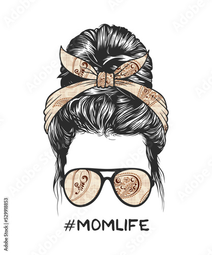 Woman messy bun hairstyle with retro flowers pattern headband and glasses vector illustration