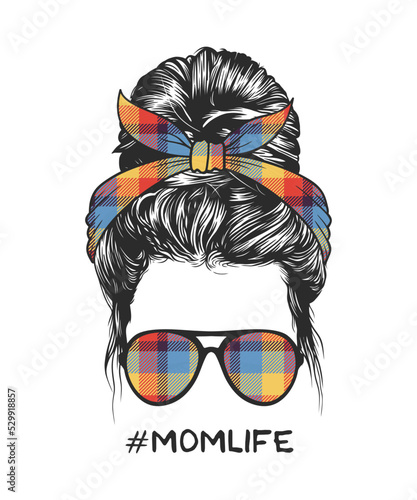 Woman messy bun hairstyle with colorful square pattern headband and glasses vector illustration